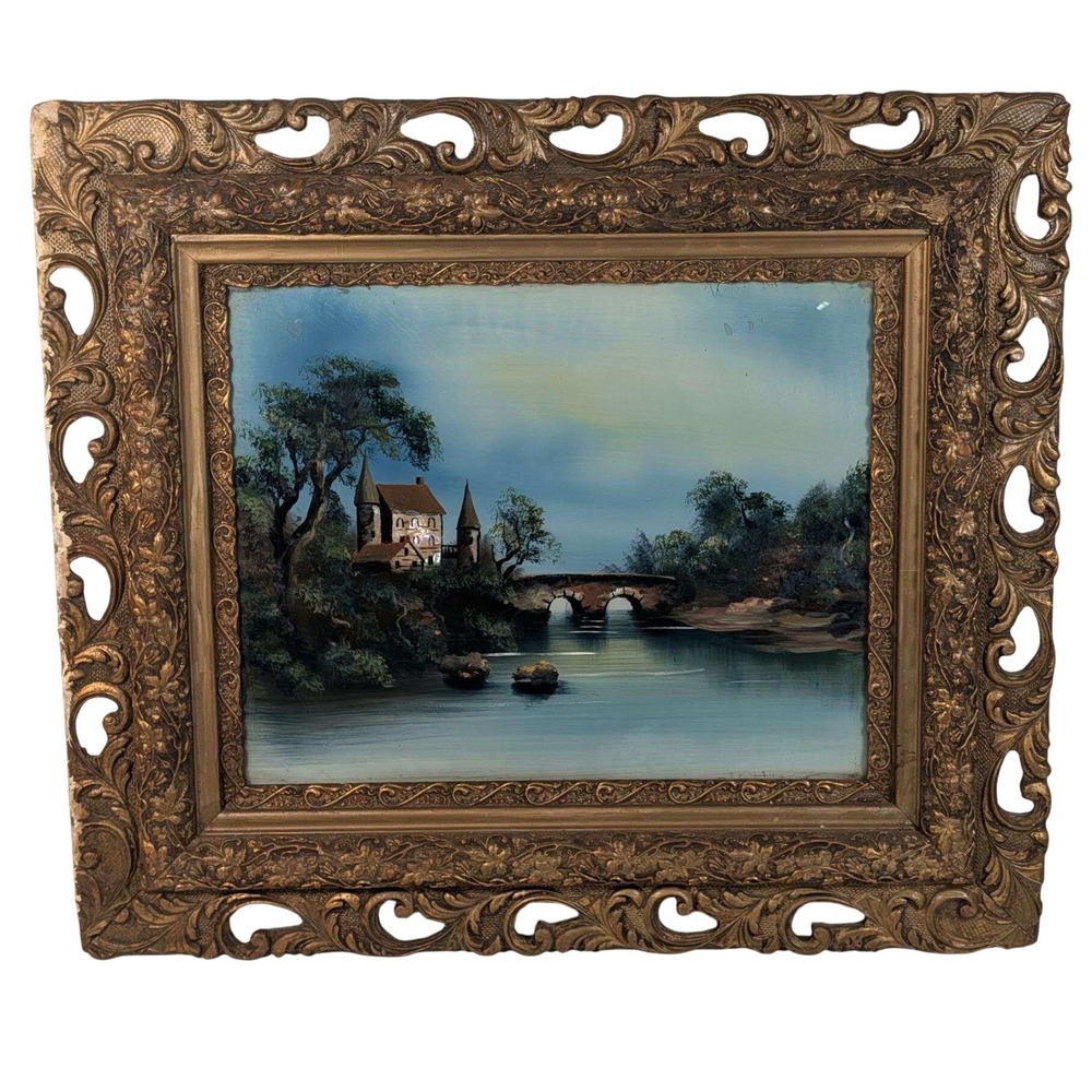 Antique Reverse Painted Glass Landscape Ornate Gilt Frame 26x30 Castle Bridge
